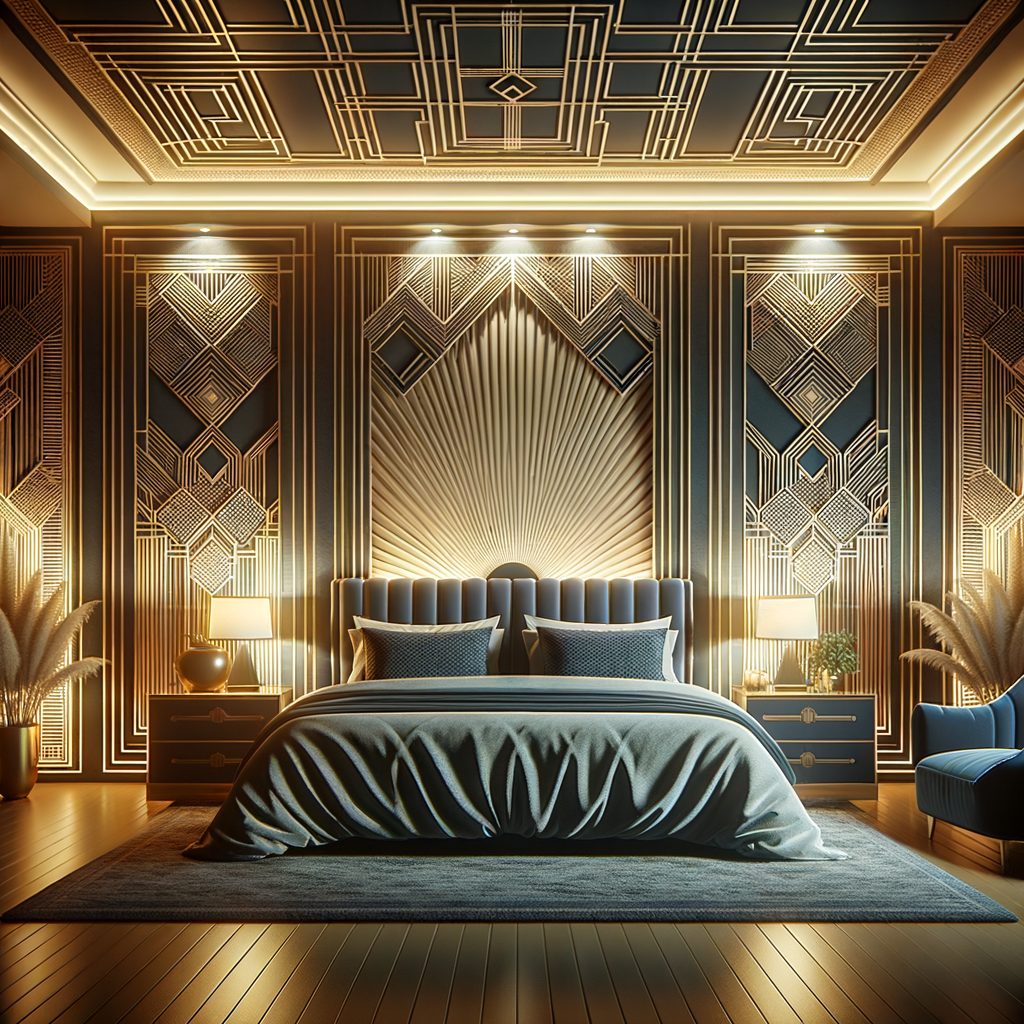 Kadıköy'de lüks yatak odası duvar kağıdı uygulama projesi - art deco lacivert altın desen