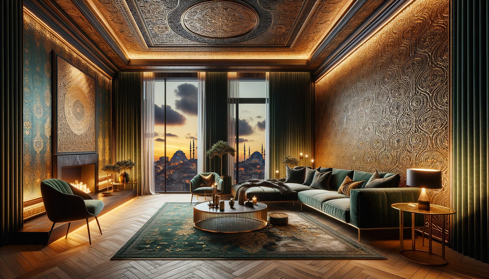 İstanbul'da lüks yaşam alanı duvar kağıdı uygulaması - zümrüt yeşili ve altın desenler